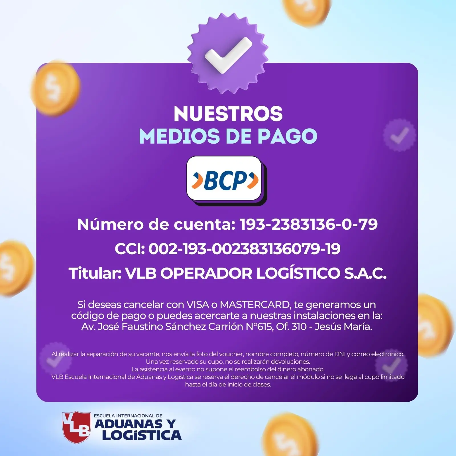 Número de cuenta oficial VLB Escuela Internacional